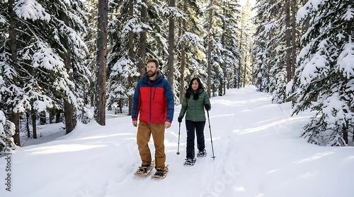 Couple enjoying snowshoeing adventure through a winter forest trail