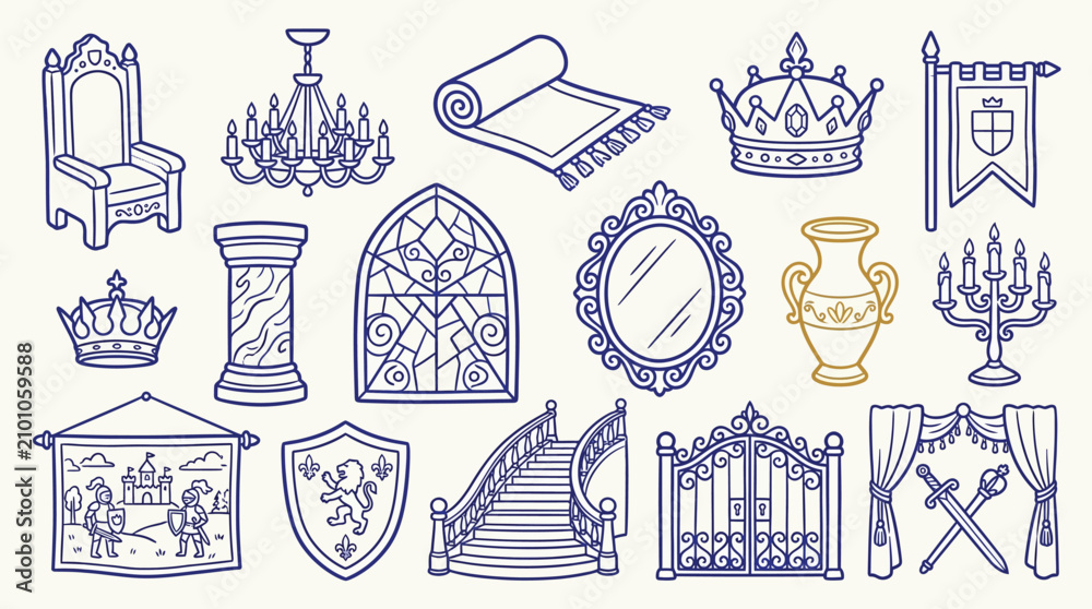 Obraz premium Collection of royal and medieval elements, including crowns, thrones, and architectural details, presented in a stylized line art.