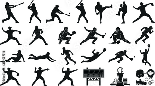 Fényképezés Baseball player silhouettes collection, including batters, pitchers, catchers, f