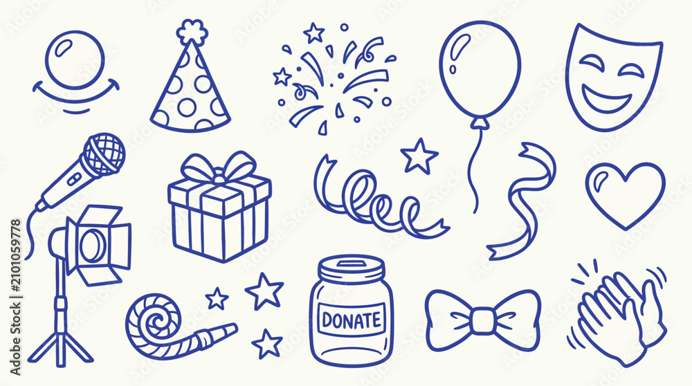 Fototapeta premium Collection of hand-drawn doodle icons representing celebration, performance, and giving, including party hats, fireworks, balloons, masks, microphones, gifts, and donation jars.