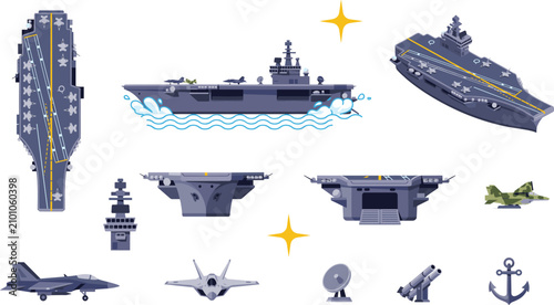 Foto Military Aircraft Carrier and Navy Warship Vector Illustration Set Featuring Top
