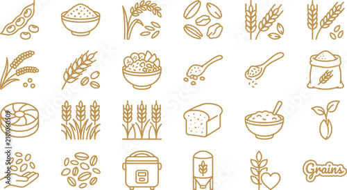 Fotografie A collection of golden vector grain icons featuring wheat stalks and healthy foo