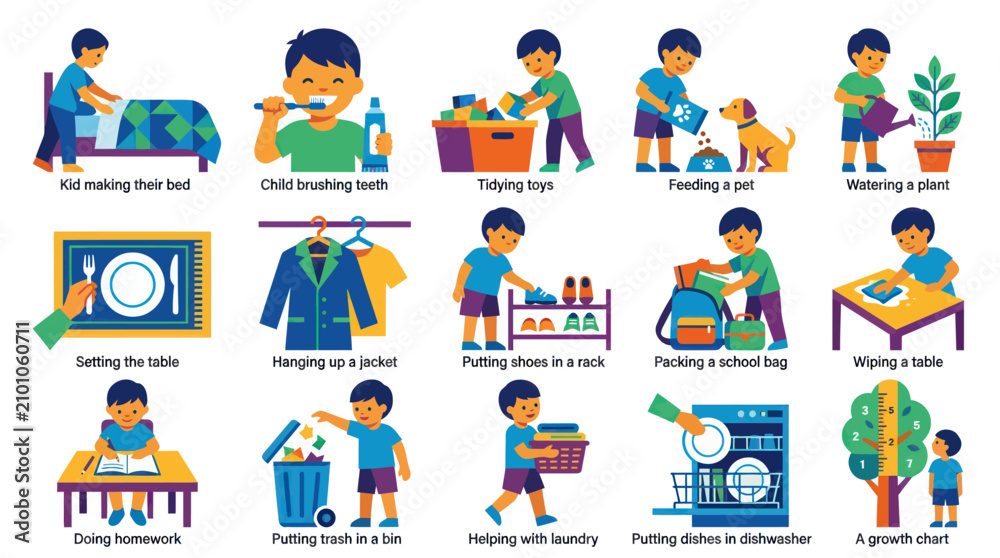 Fototapeta premium Child Development Parenting Flat Vector Illustration: Kids Daily Activities Household Chores
