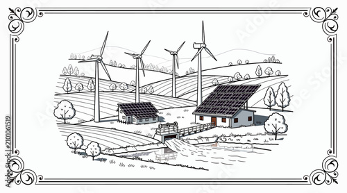 Sustainable energy farm with wind turbines and solar panels on rolling hills.