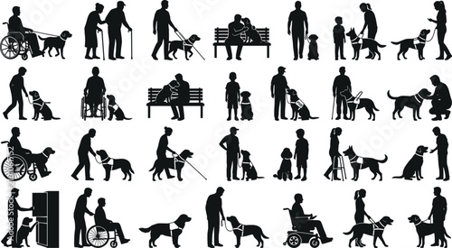 Schilderij op canvas Set of silhouettes of people with service dogs, guide dogs for the disabled and