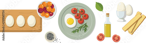 Obraz na płótnie Healthy Breakfast Food Vector Illustration Featuring Fried Egg Cherry Tomatoes O