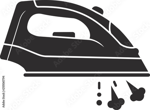 Clean solid black steam iron icon with water spray, perfect for laundry service branding, garment care guides, housekeeping apps, and clothing care labels