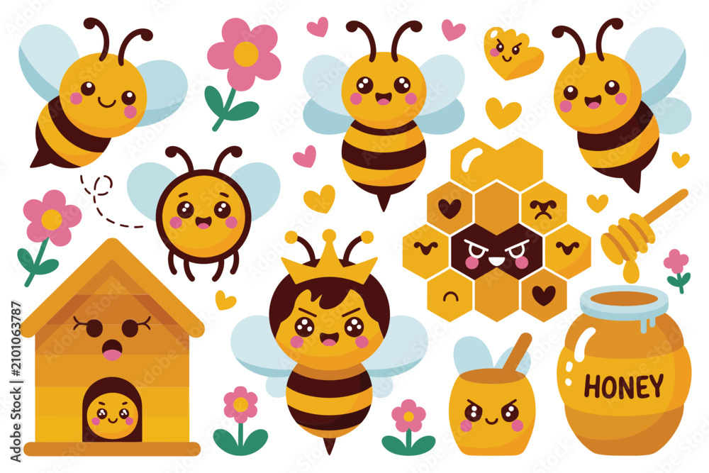 Fototapeta premium Adorable bee and honey themed set featuring beehive honey pot and flowers for kids on white background