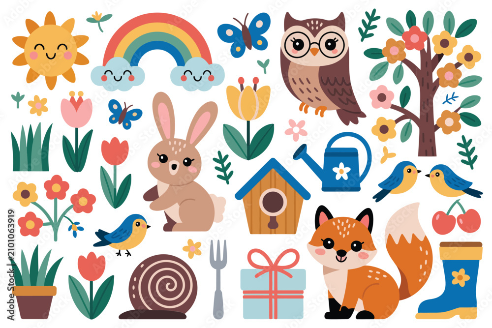 Naklejka premium Springtime woodland animals and garden set with fox rabbit owl birds flowers and rainbow for kids nursery wall decor