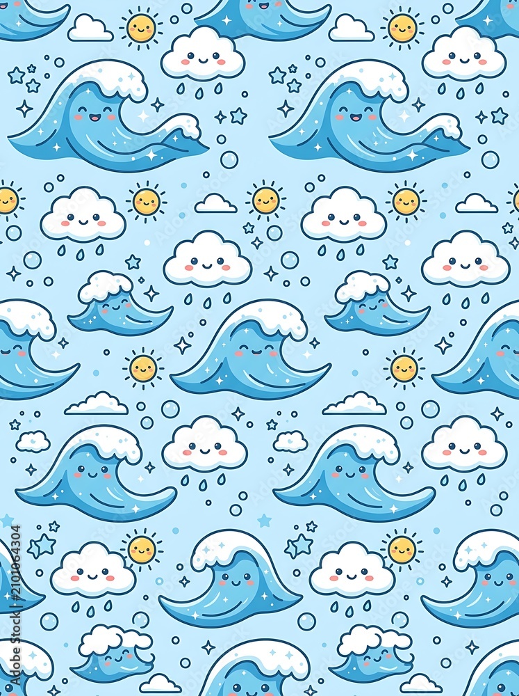 Fototapeta premium Cute blue waves and happy clouds seamless background