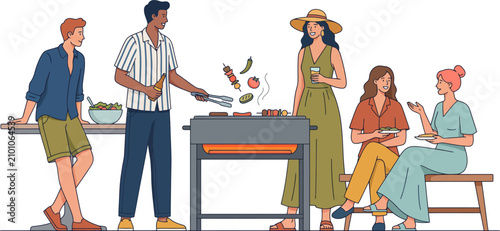 Group of Friends Enjoying Backyard Barbecue Party Minimalist Flat Vector Illustration