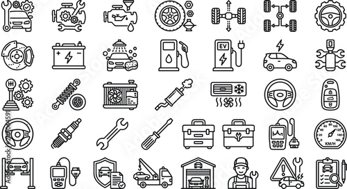 Car auto repair service thin line icon bundle with mechanic tools engine maintenance engine oil battery brake tire and garage vector graphic illustration