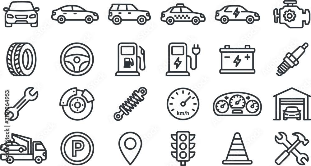 Fototapeta premium Car transport auto service and vehicle repair line icon collection featuring taxi electric sedan engine tire battery mechanics tool traffic garage and navigation vector illustration