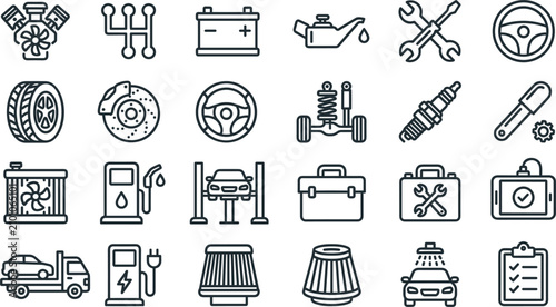 Konstfotografi Car auto part mechanics line icon collection with engine gear battery oil wrench