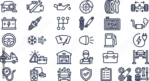 Car repair and auto maintenance outline icon set featuring mechanic tools garage diagnostic engine service oil tire brake and vehicle inspection vector illustration