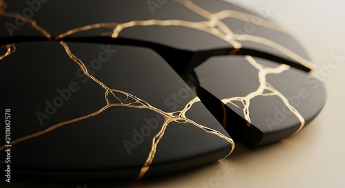 Kintsugi black ceramic shards with gold veins. Abstract broken pottery art background.