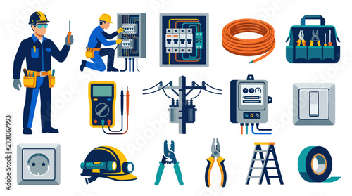 Electrician tools and equipment set, flat illustration, industry