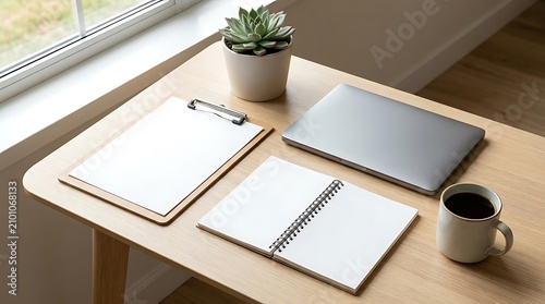 Desk setup with laptop notebook and coffee for remote work or study