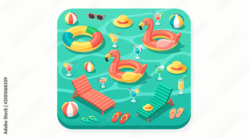 Naklejka premium Summer Pool Party Flat Icon Set: Flamingo Floats, Loungers, Drinks & Hats
