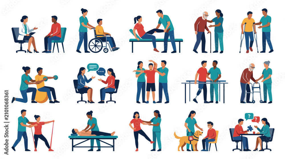 Fototapeta premium Medical Rehabilitation and Healthcare Therapy Flat Vector Illustrations: Patients, Doctors, Nurses, Caregivers.