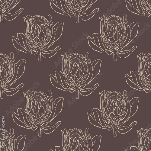 Elegant vintage-inspired seamless pattern featuring detailed line art Protea flowers on a rich brown background. Suitable for luxury packaging, fabric, wallpaper, stationery, and branding.