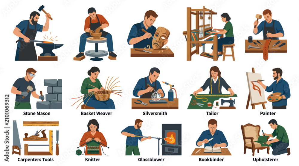 Fototapeta premium Craftsmen and Artisans at Work - Vector Illustration of Various Hobbies and Professions