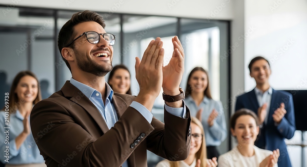 Obraz premium A man in a brown blazer and glasses claps joyfully in a professional setting, surrounded by colleagues. Bright, positive atmosphere.