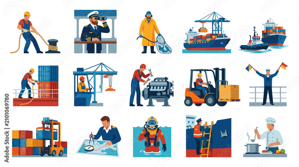 Naklejka premium Flat Vector Illustration Set: Maritime Industry, Port Logistics, Shipping, Seafaring Jobs Equipment