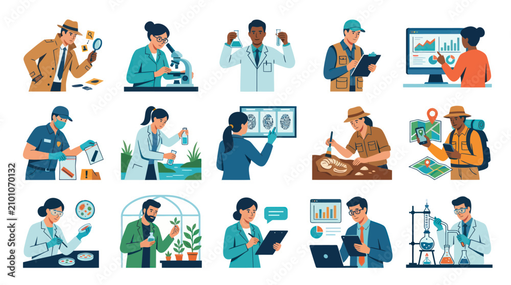 Fototapeta premium Flat Vector Character Illustrations of Diverse Science and Research Professionals Occupations Set