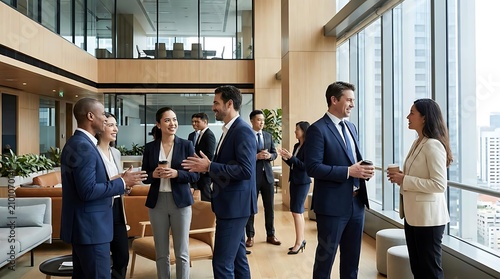 Diverse business professionals converse in a modern office lounge with city views