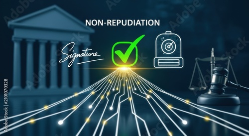 Digital concept of non repudiation with electronic signature and legal courthouse