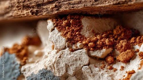 Aged beige limestone wall with weathered texture, rust-colored mineral deposits, and natural discoloration. Macro close-up reveals intricate surface depth and geological detail.