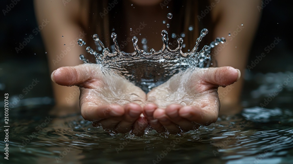 Fototapeta premium Crown water splash formed by cupped hands creating perfect liquid crown with crystal clear droplets above palms captured in dramatic high-speed photography