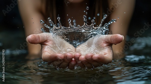 Crown water splash formed by cupped hands creating perfect liquid crown with crystal clear droplets above palms captured in dramatic high-speed photography