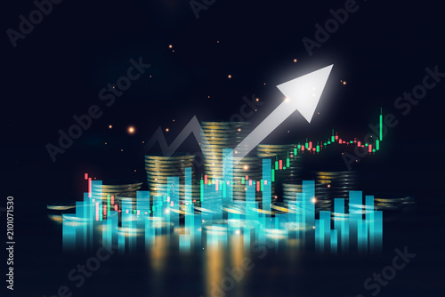 Silver coin stacks with a glowing upward arrow and stock market candlestick chart represent investment growth, bullish trading, financial analysis, profitable business strategy, and market success.