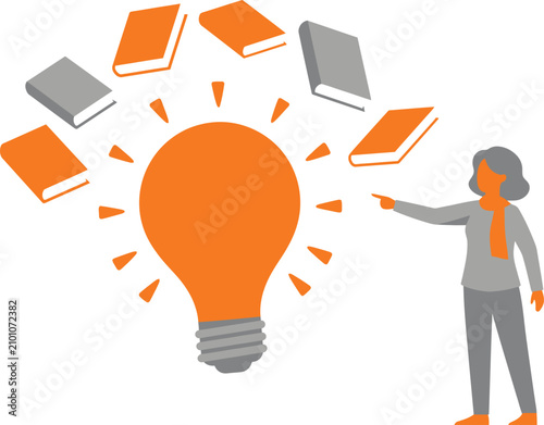 Female character presenting bright idea with floating books and lightbulb.