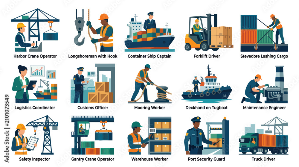 Naklejka premium Flat Design Icons: Maritime and Port Industry Professionals and Equipment