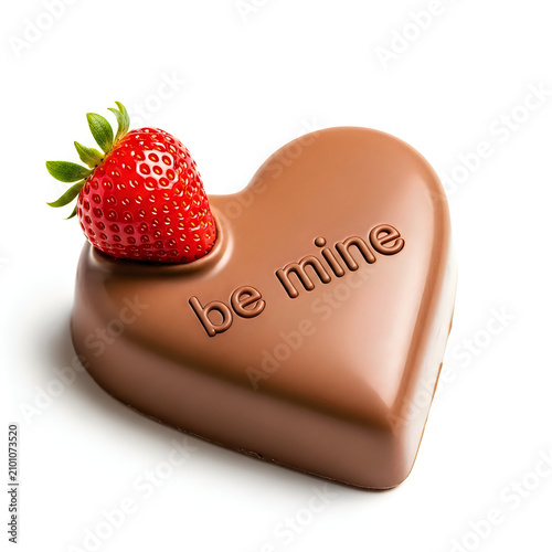 Chocolate heart cake with strawberry on top isolated white background