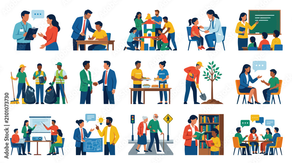Fototapeta premium Flat Illustration of Diverse People in Education, Healthcare, Community, and Work