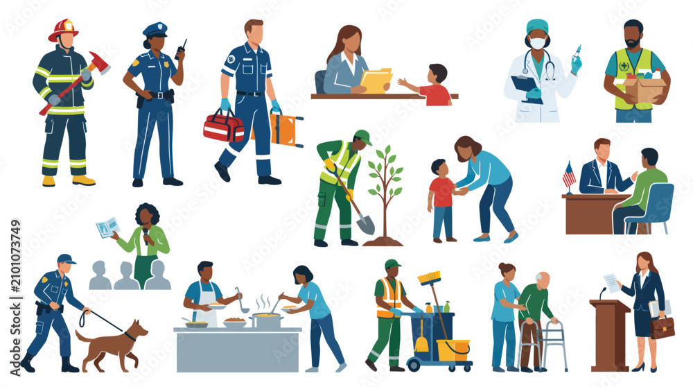 Fototapeta premium Diverse Community Occupations and Professional Workforce - Flat Vector Illustration Set