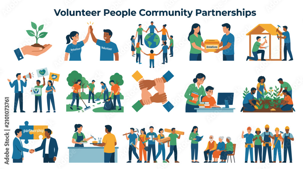 Fototapeta premium Flat Style Vector Icons Illustrating Community Partnerships and Volunteerism