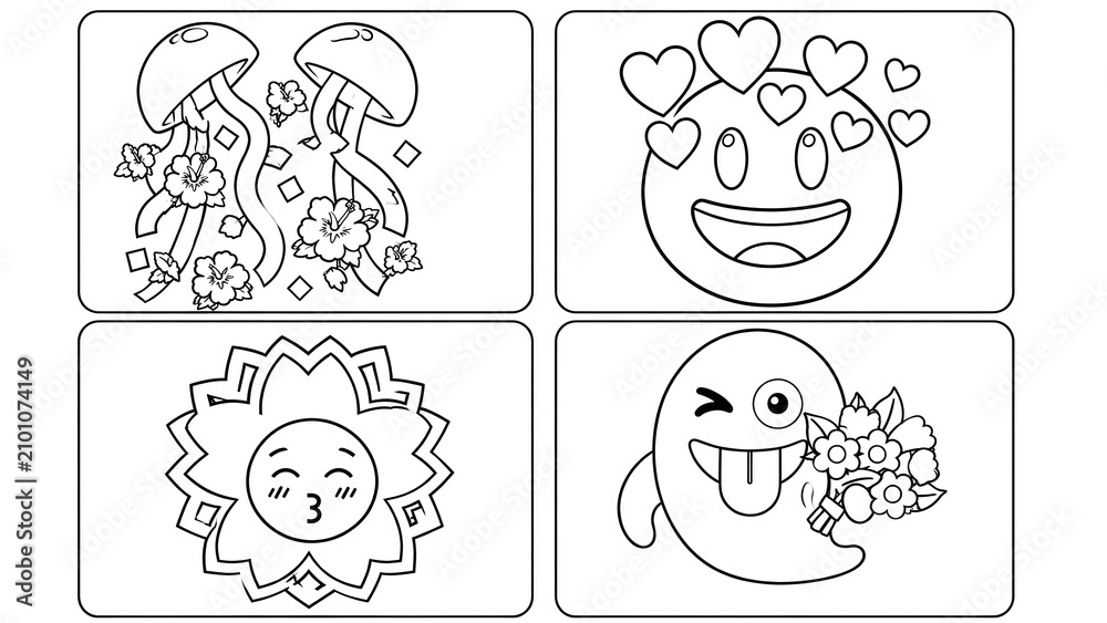 Fototapeta premium Cute Emoji and Fantasy Coloring Book Page for Kids – Black and White Outline