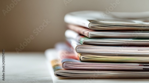 A neat stack of colorful magazines and journals resting on a wooden surface.