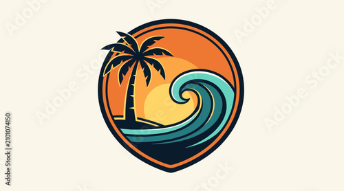 Tropical beach island sunset with ocean wave logo icon, flat design