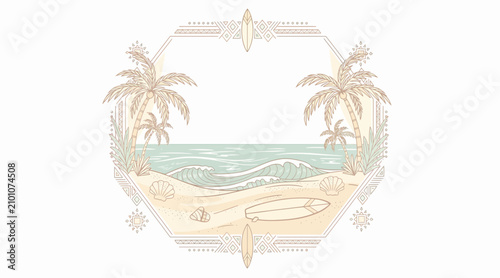 Tropical Beach Scene with Palm Trees, Waves, and Surfboards - Vintage Illustration