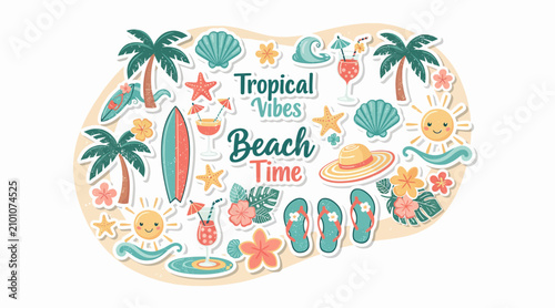 Tropical beach stickers with summer vibes