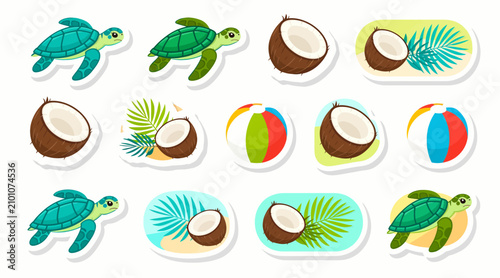 Tropical beach stickers with sea turtles, coconuts and palm leaves