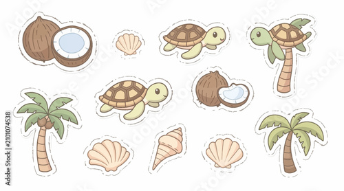 tropical beach stickers with turtles and palm trees