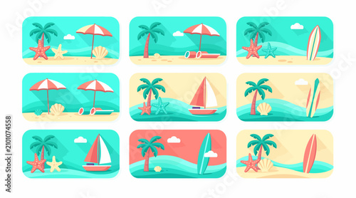 Tropical Beach Summer Vacation Holiday Vector Set