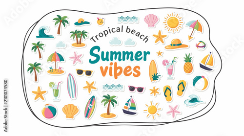 Tropical Beach Summer Vibes Vector Illustration | Fun Summer Stickers